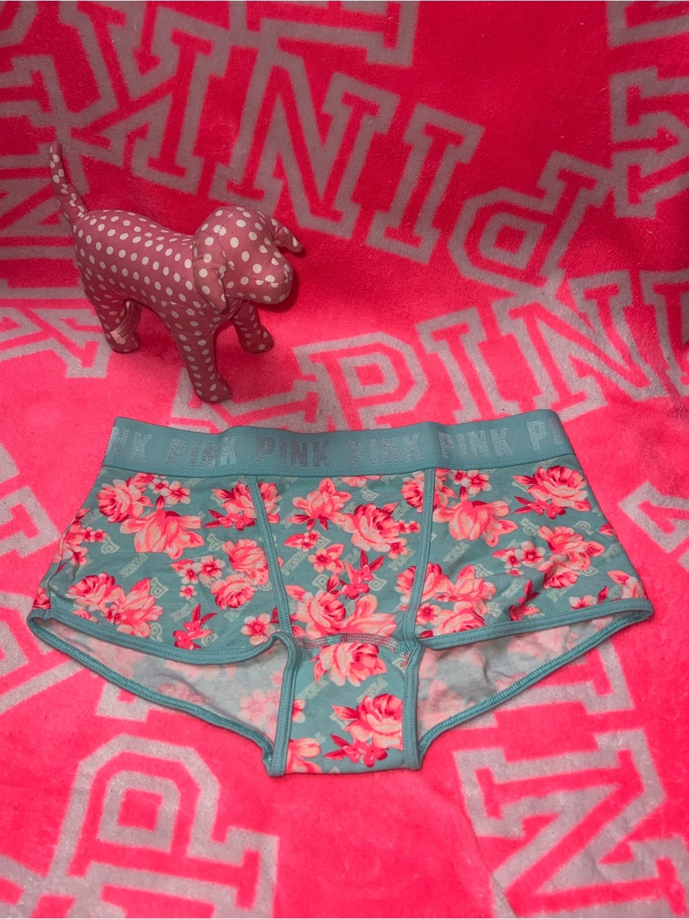 PINK Victoria's Secret Floral Lined Turquoise & Pink Boyshorts